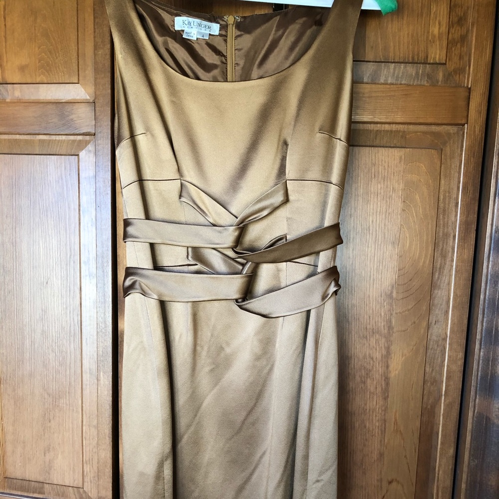 Kay Unger sand dress w/ wrap design on bodice